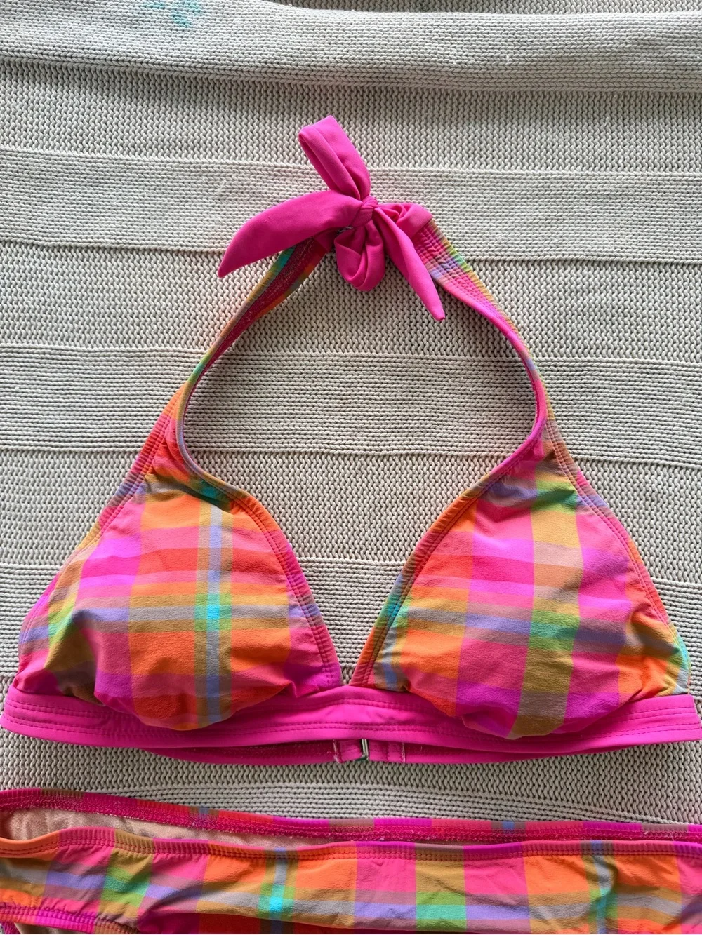 Vintage y2k summer beach Women’s Halter Bikini Set in Bright Pink Plaid